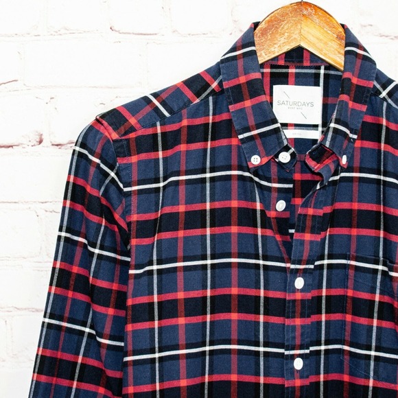 SATURDAYS Surf NYC Button Down Shirt Blue Red Plaid Oxford cotton Men's Small - Picture 7 of 7